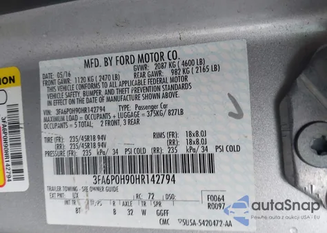 2017 Ford Fusion Se z USA, uszkodzony, nr VIN 3FA6P0H90HR142794